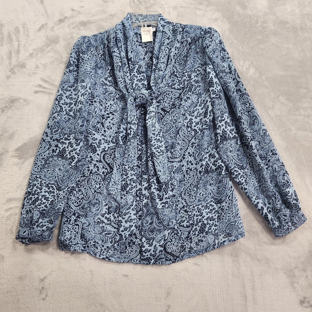 Vintage TanJay Shirt Womens 8 Blue Paisley Tie Neck Bow Long Sleeve Chiffon - Picture 2 of 16